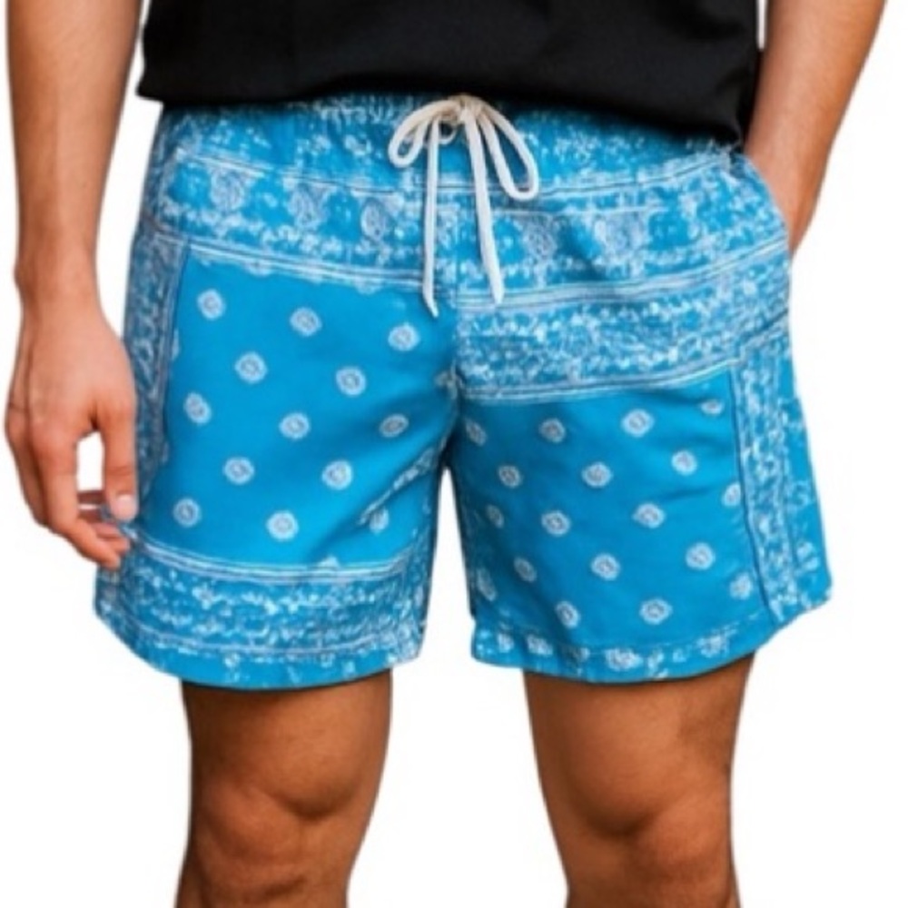 SHEIN UNLINED SWIM TRUNKS Size Large Blue and White Print